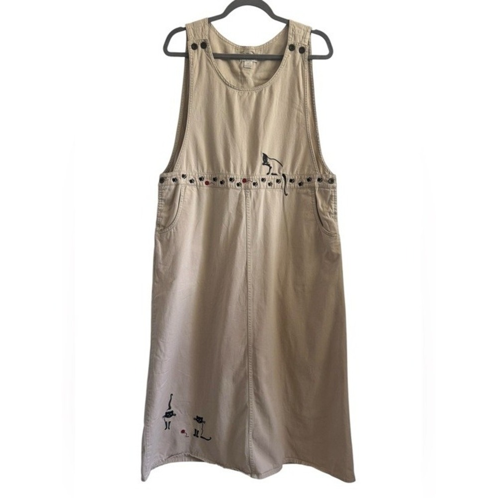 Christopher & Banks Vintage Y2K 2003 Cat Embroidered Khaki Dress Size Large - Picture 2 of 8